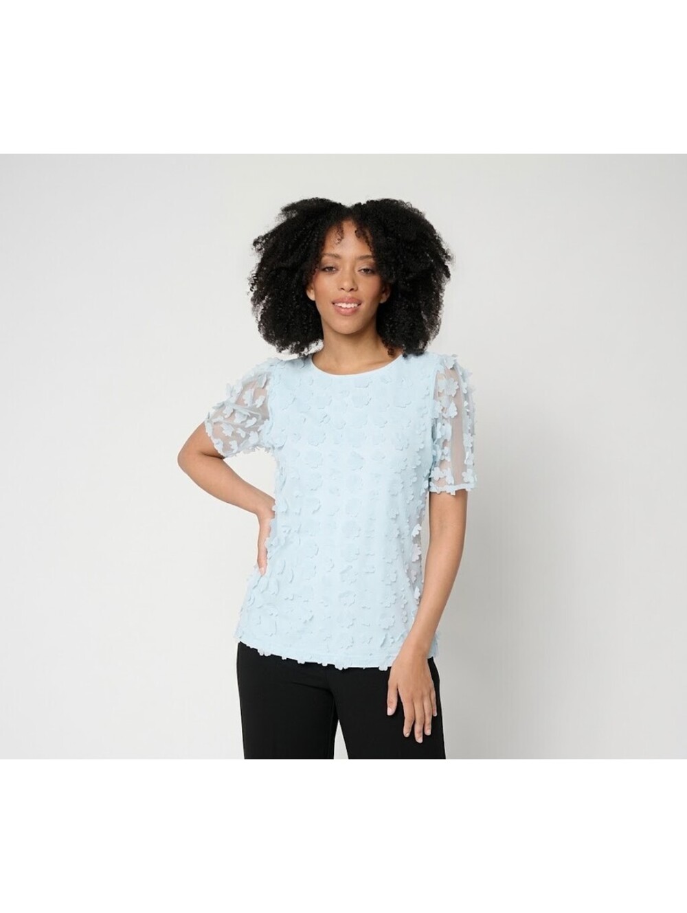 Dennis Basso Knit Top with Floral Mesh Overlay Crystal Blue, Size Medium